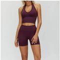 Solid Seamless I-shaped Beauty Back High Waist Breathable Women's Shorts Yoga Sports Suit 2-Piece Set