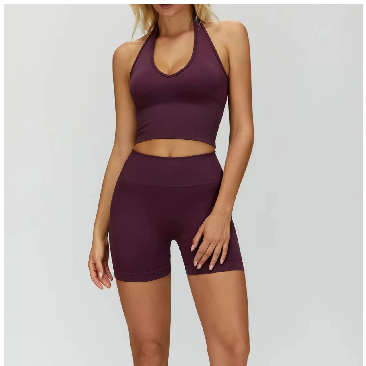 Solid Seamless I-shaped Beauty Back High Waist Breathable Women's Shorts Yoga Sports Suit 2-Piece Set