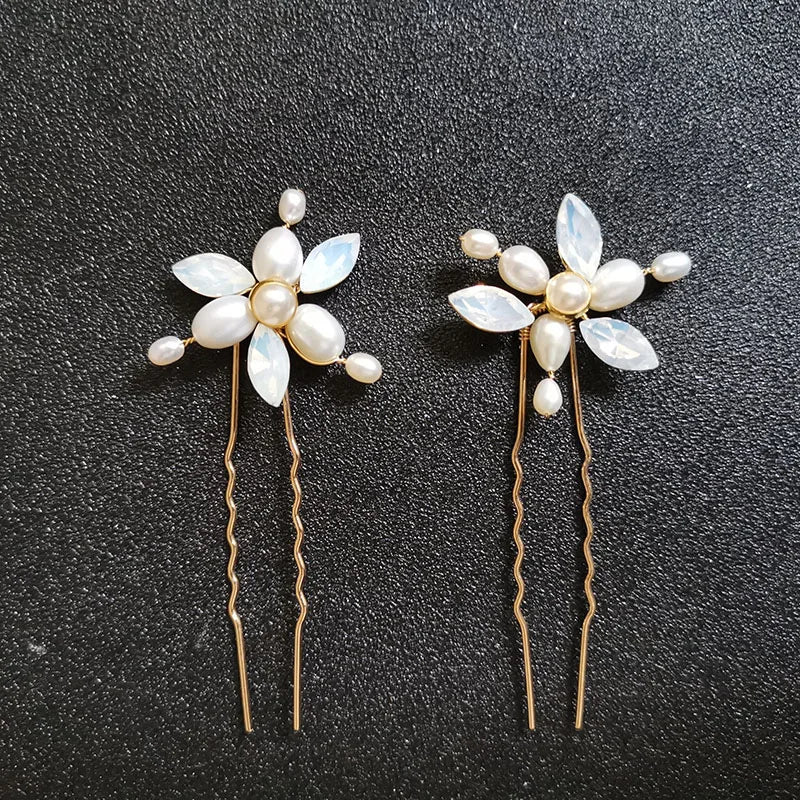 SLBRIDAL Handmade Wired Opal Crystal Freshwater Pearls Bridal Hair Pin Wedding Hair Sticker Bridesmaids Jewelry Hair Accessories