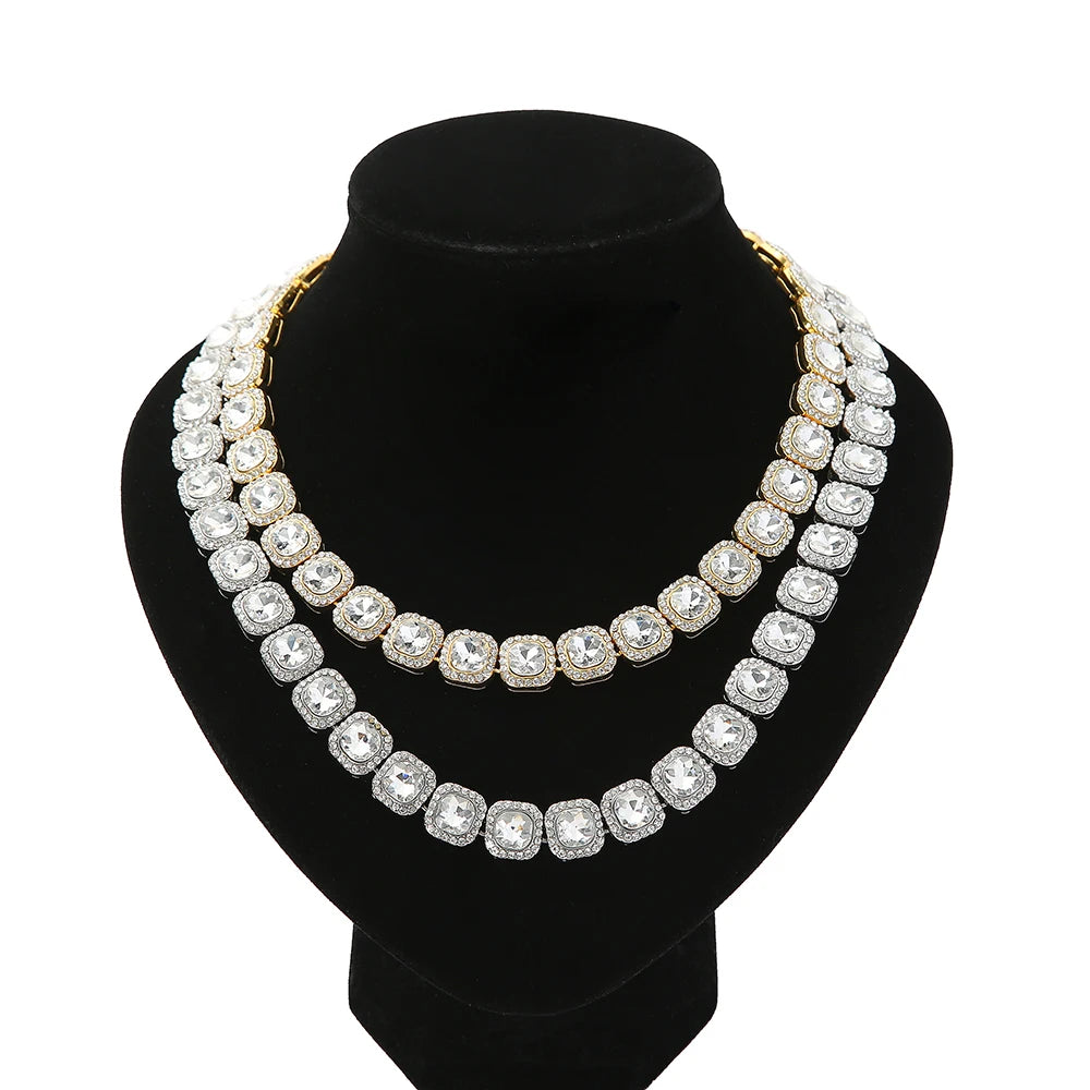 RQ Iced Clustered Tennis Chain Necklace in Yellow/White Gold(10mm) Hip Hop Fashion Jewelry
