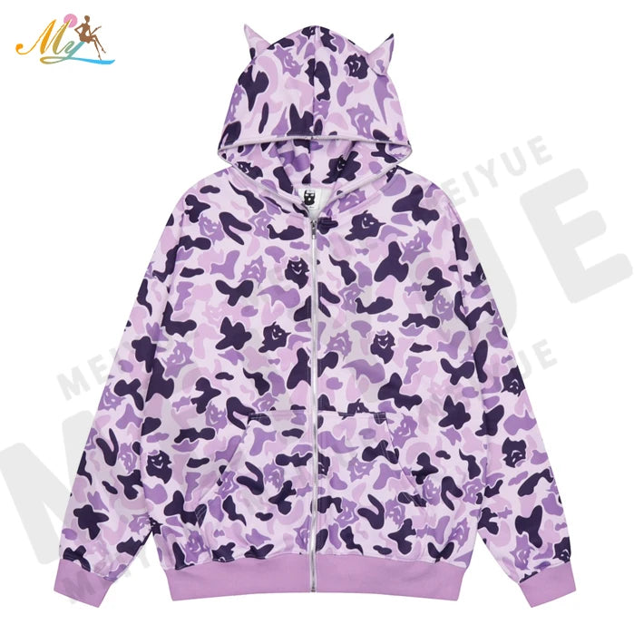 New Design Custom Print  Unisex Hip Hop OX Horn Full Face Zip up Hoodie Streetwear Camouflage Ghost Full Face Zip Hoodie for Men