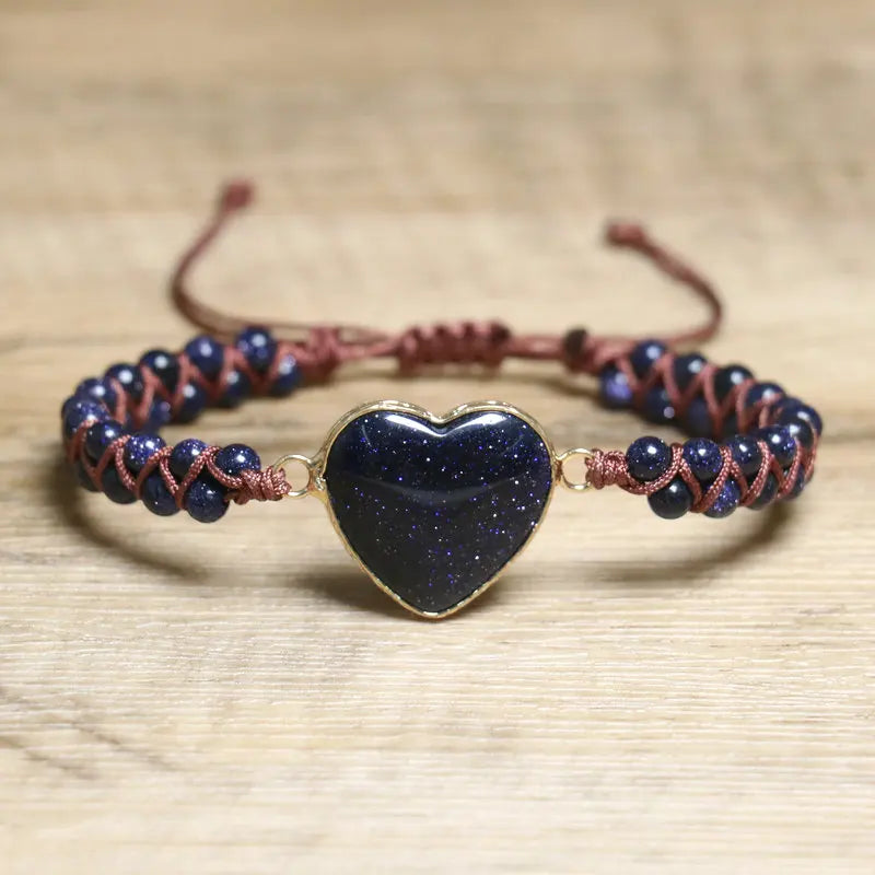4mm Natural Stone Bracelet for Women Valentines Gift Heart Charm Handwoven Adjustable Blue Sand Stone Beaded Bracelet