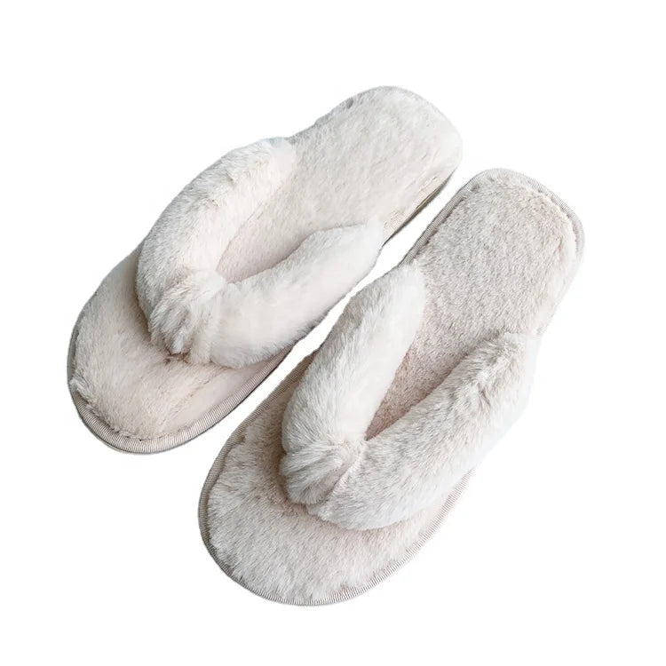 Wholesale Soft Cozy Thong Home Plush Flip Flops Soft Non Slip Indoor House Fluffy Faux Fur White Slides Slippers for Women