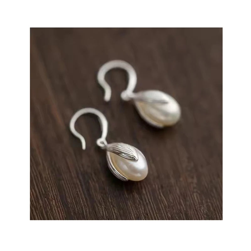 Vintage Short Fresh Water Pearl Louts Flower Drop Earrings for Mother 925 Sterling Silver Summer Jewelry
