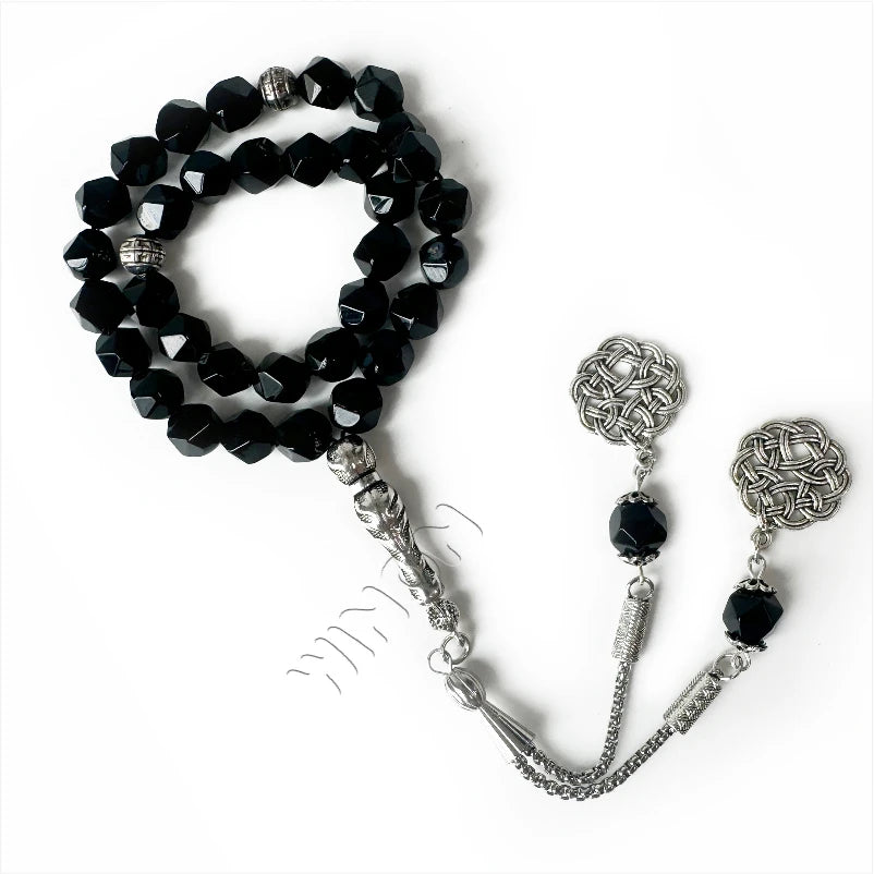 Green Natural Agate Diamond Cut 10mm Beads With Silver Accessories Misbaha Prayer Beads Islamic Tasbih Muslim Rosaries
