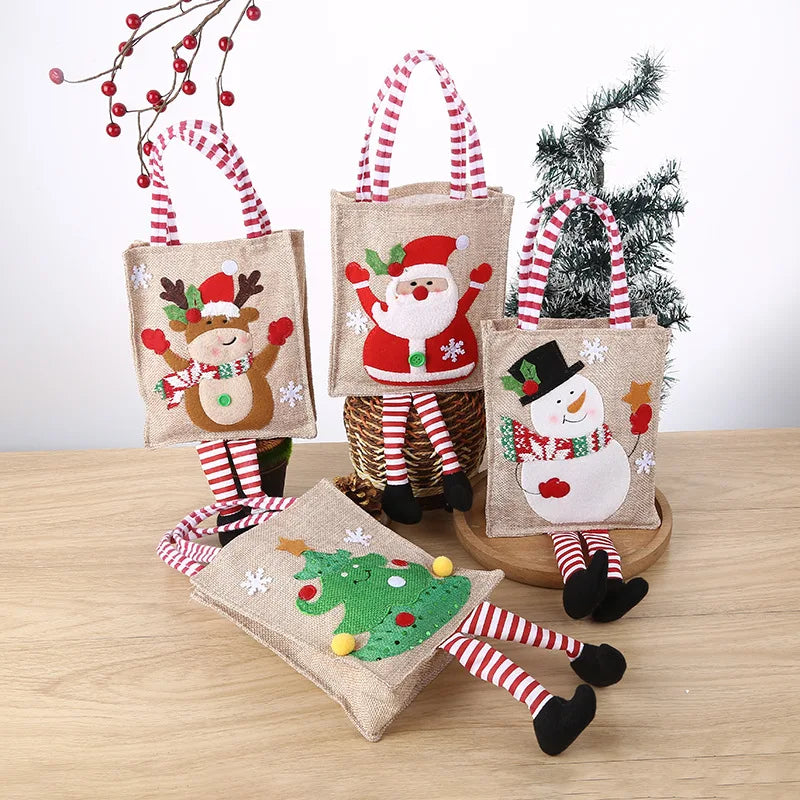 Factory Christmas Decoration Cute Pouch Sack Present Bag Linen Embroidered Handbag Gift Candy Bag With Feet