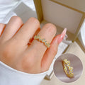 Light Luxury 18k Gold Plated Leaf Full Zircon Opening Rings for Women Wedding Engagement Finger Jewelry