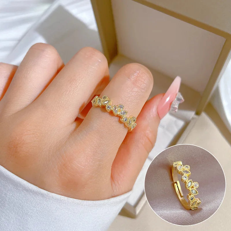 Light Luxury 18k Gold Plated Leaf Full Zircon Opening Rings for Women Wedding Engagement Finger Jewelry
