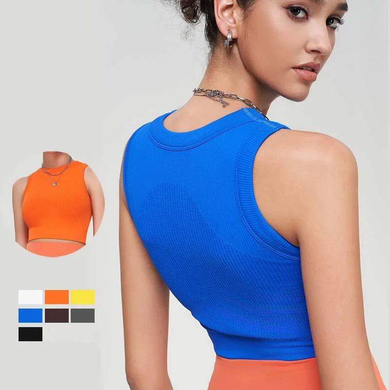 SHINBENE Wholesale Basic O Neck Workout Gym Crop Top Full Coverage Seamless Sleeveless Vest Top