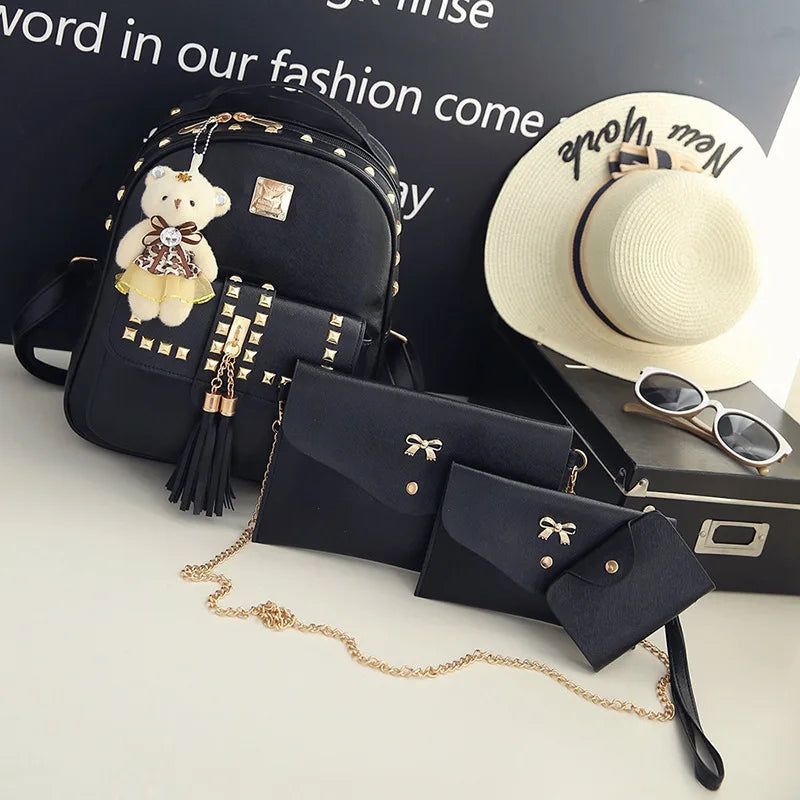 Fashion Factory Ladies 3 Pcs in 1 Set Bags Girls Rivet Shopping Backpack Women Round Shoulder Purse Bags