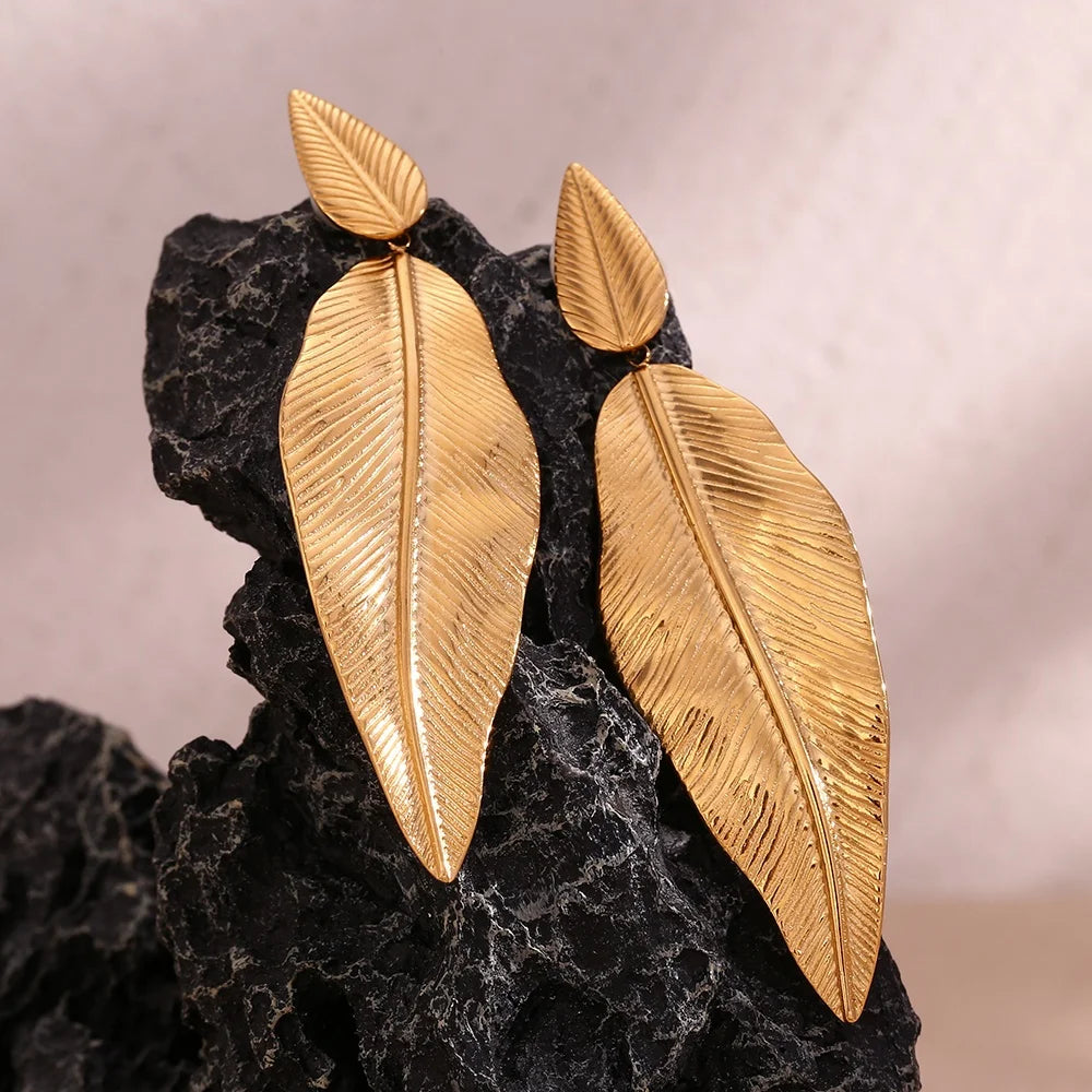 Boho Engraved Leaf Stud Earrings for Women Gold Plated Stainless Steel Drop Earrings