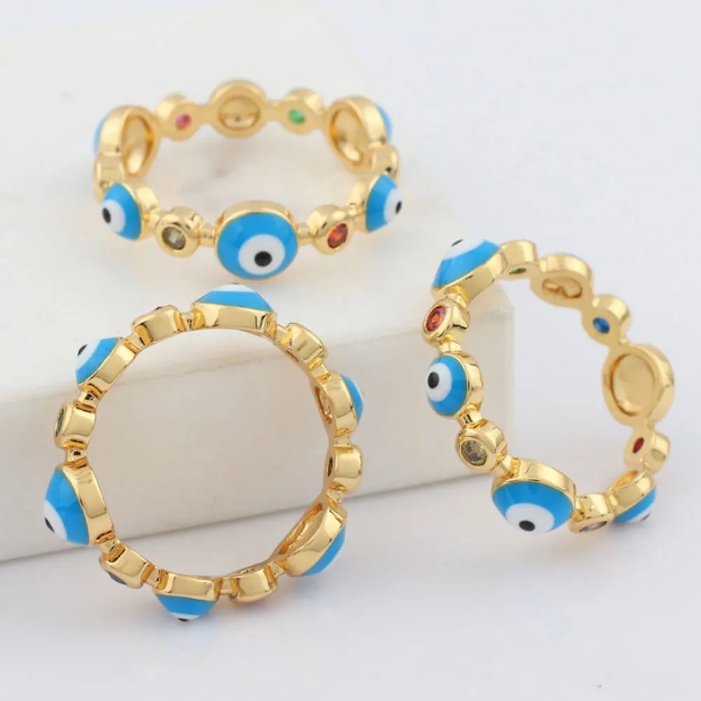 Large Brass Alloy Enamel Blue Turkey D-evil Eye Charm Zircon Bead Ring Jewelry Finger Rings