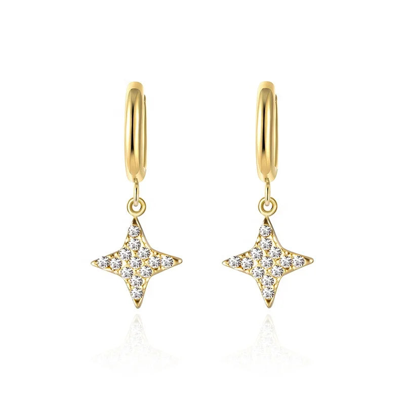 Full Diamond Quad Star Earrings Stainless Steel Plated 14K Gold Simple and Versatile Ear Clasps Titanium Earrings