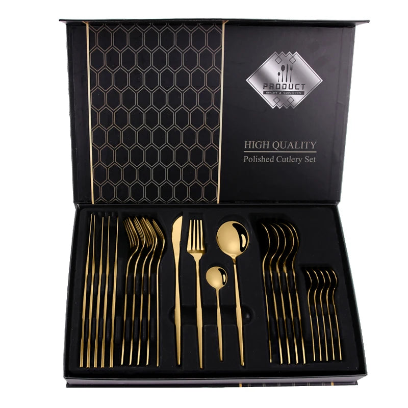 24pcs Stainless Steel Cutipol Cutlery Set Nordic Portugal Royal Design Black Gold Brass Tableware for Home Use Promotion Price