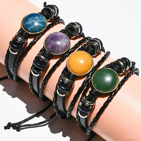 Natural Unakite Chevron Amethyst Crystal Cabochon Bracelet