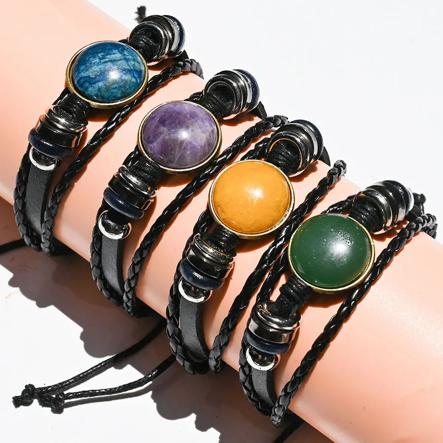 Natural Unakite Chevron Amethyst Crystal Cabochon Bracelet