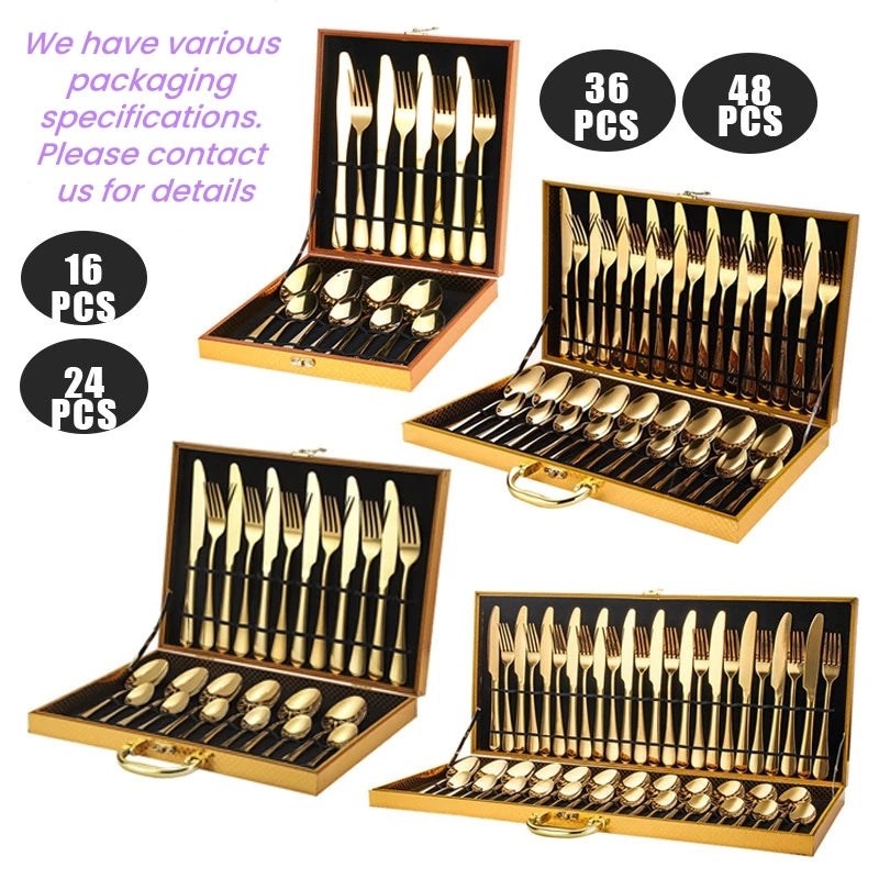 Customizable Stainless Steel Golden  Flatware Set Luxury Wooden Case Handle Luxury Gold Reusable for Parties for Restaurants