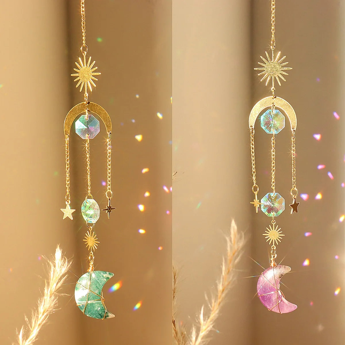 Crystal Moon Suncatcher Hanging Healing Natural Crystal Gemstone Star Moon Sun Catcher for Decoration Home Window Crystal Crafts