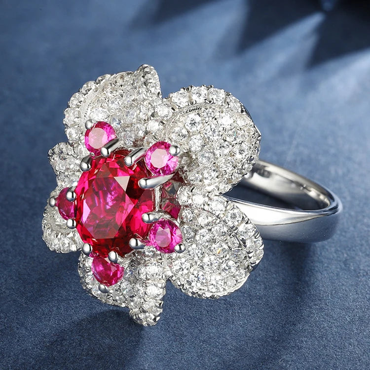 Anster Gemstone Rings 925 Sterling Silver Oval Cut Lab Grown Ruby Flower Ring  Womens Wedding Band
