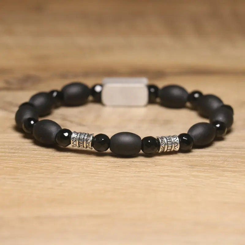 Wholesale 8x10mm Oval Black Matte Stone Bracelet with 8mm Faceted Shiny Agate Elastic Boho Style Healing Crystal Bracelet