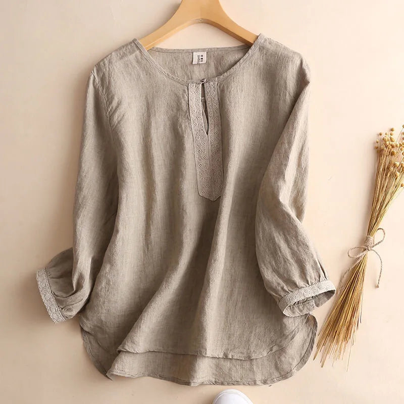 M-3XL 3/4 Sleeve Cotton Linen Shirt Women's New Pullover Art Style Round Neck Shirt Loose Women's Top