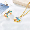 Ason Luxury New 2023 Stainless Steel Jewelry Set Wholesale Hexagonal With Mixed Color Leaf Necklace Earrings Jewelry Set