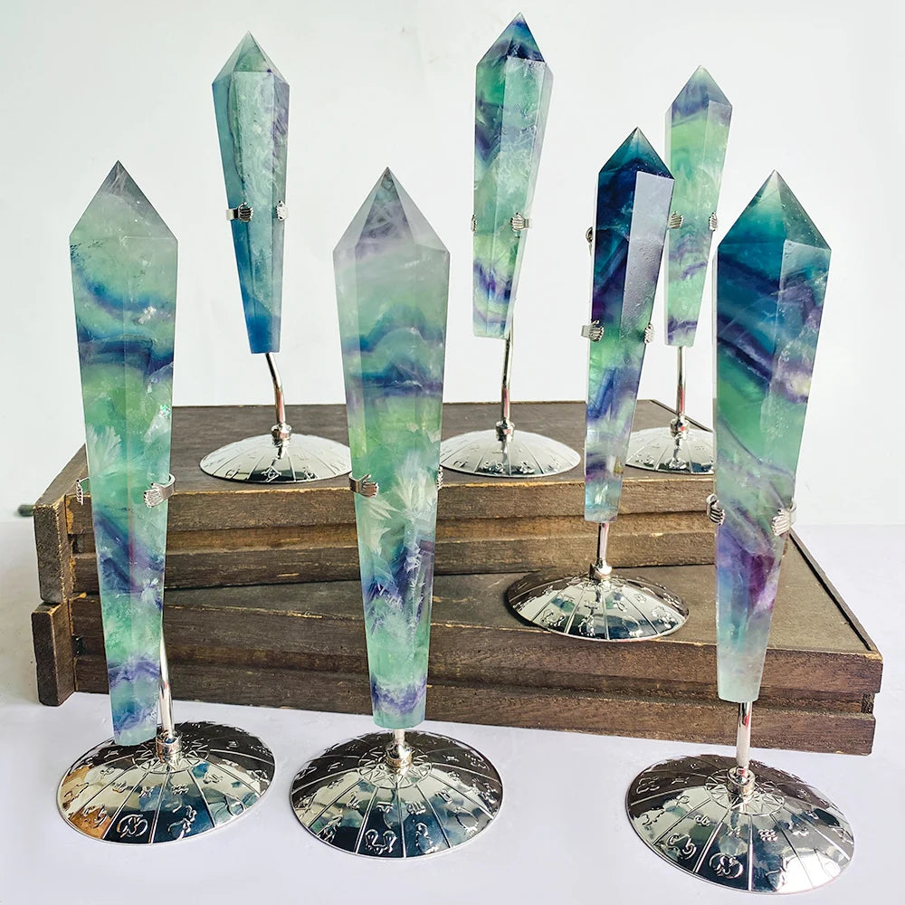New Arrival Natural Fluorite Crystal Point Wand Spiritual Healing Stone Colorful Fluorite Towers with Holder for Decoration