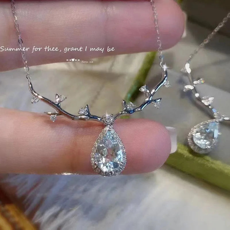 Huitan Antlers Unique Design Water Drop Sweet Pure Pendent Necklace Pear Zircon Women Lady Girls Gifts Crystal Necklace Silver
