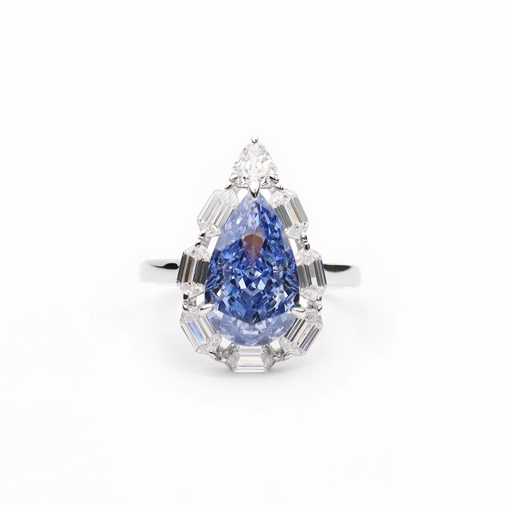 Luxury 925 Silver Brilliant Blue Pear Shaped Ring for Women Water Drop Ice Flower Cut Blue Weddings