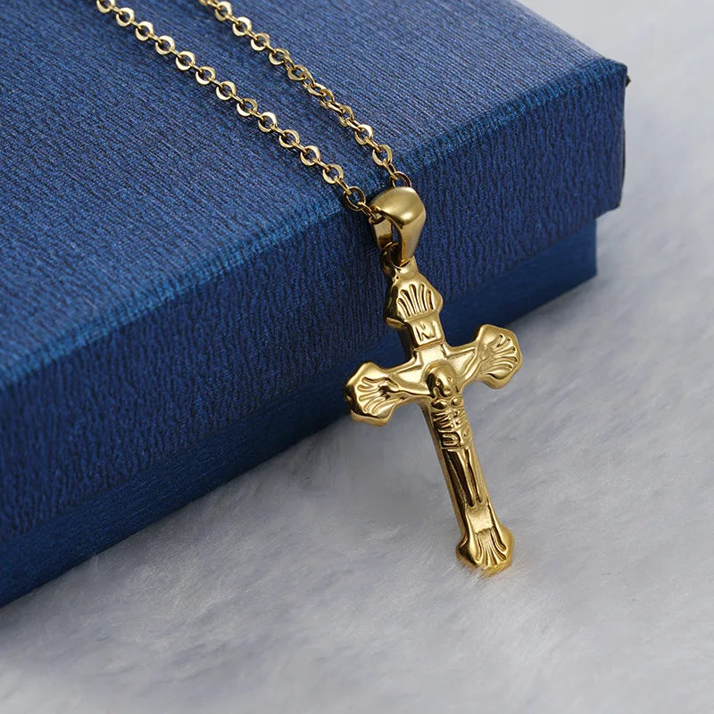 Small Cross Jewelry Men Stainless Steel Jesus Crucifix Pendant Link Chain 18k Gold Christian Cross Necklace