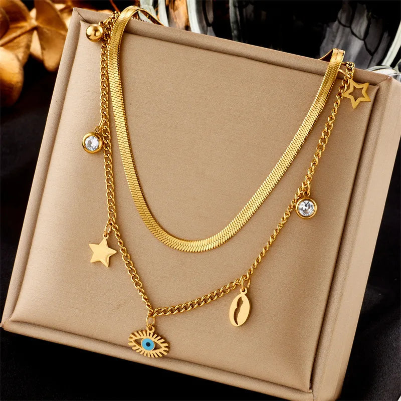 Fashion Stainless Steel Snake Chain Set 18k Gold Plated Devil Eye Bracelet Necklace Jewelry Set for Woman