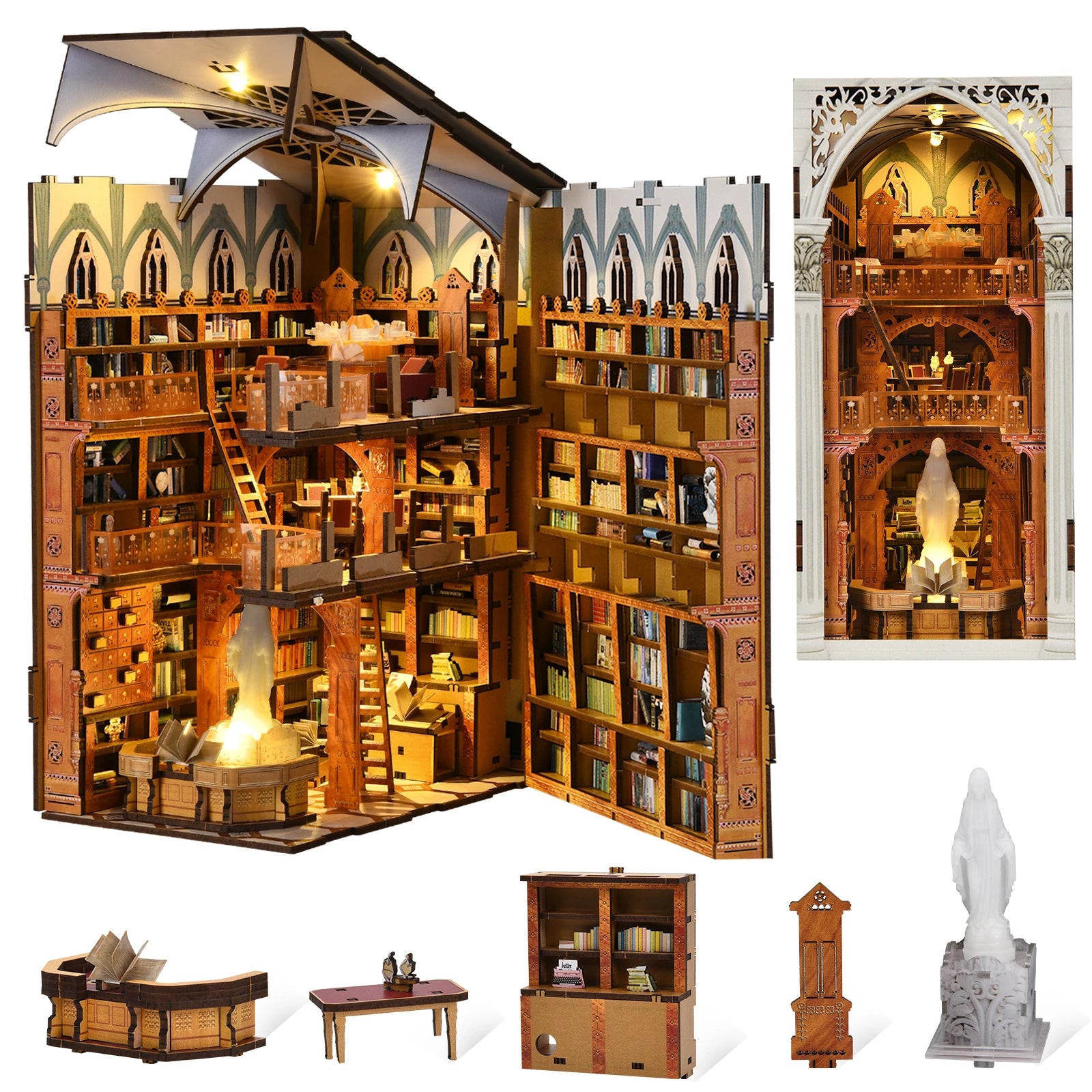 Minicity 3d Book Nook Public Library 3d Wooden Puzzle Miniature House Kit Book Nook 3d Puzzle Diy Craft Kit Diy Book Nook Kit