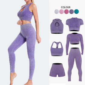 G9233 Women Workout Set 5 Pcs Women Workout Gym Clothes Long Sleeve Fitness Leggings Seamless Yoga Sets