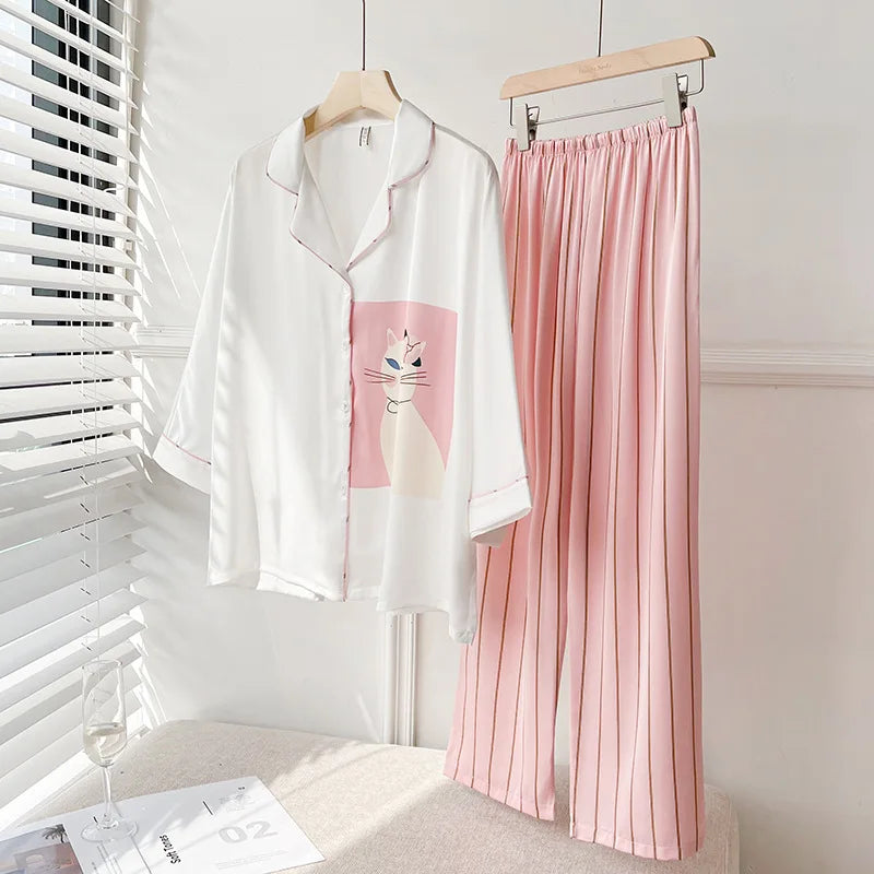 Luxury Satin Breathable Summer Two-piece Cat Print Bat Sleeves Pajamas for Women