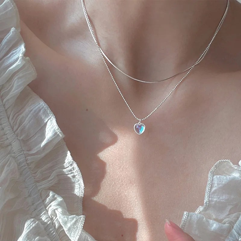 Rinhoo Silver Color Double Love Heart-shaped Moonstone Pendant Necklace Women Gradient Gemstone Clavicle Chain Couple