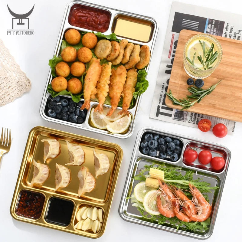 304 Stainless Steel Control Portions Plate Divided Sauce Dishes for School Kids Adults Lunch Dinner