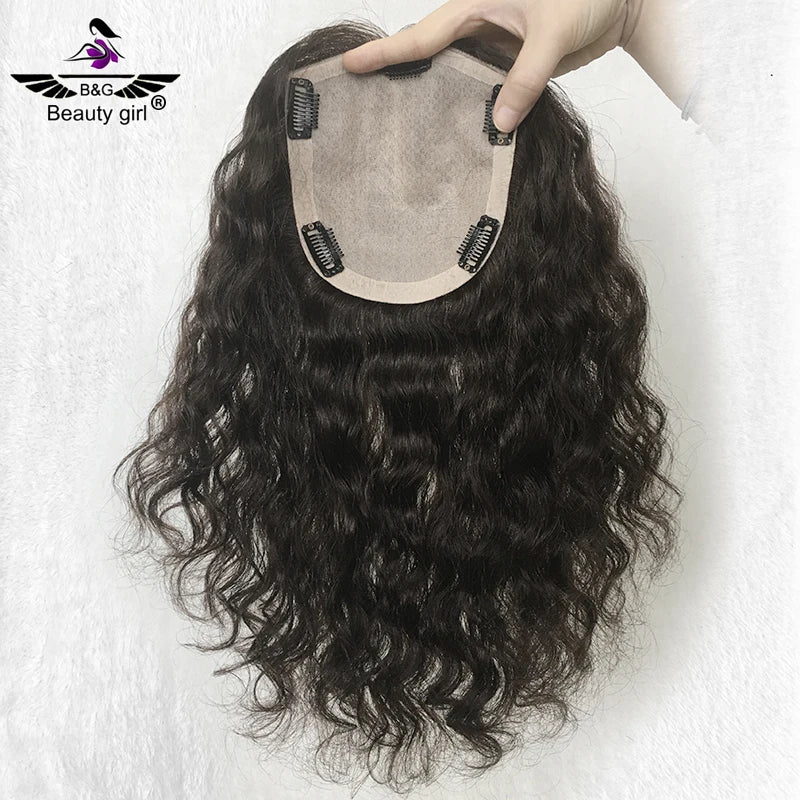 Good Quality Cuticle Remy Real Human Hair Toupee Injection Silk Base Clips Deep Curly Topper for Women