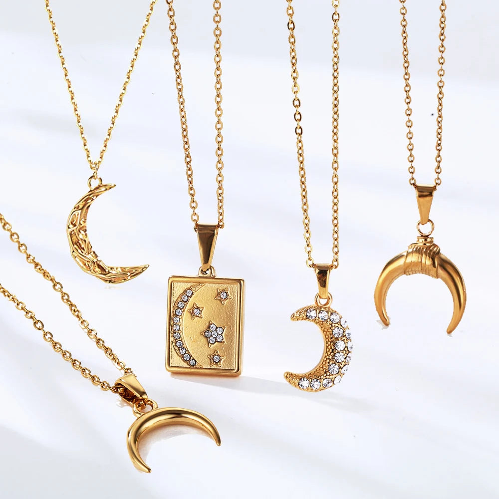Trendy Crystal Pave Moon Star Pendant Zircon Crescent Necklace 18k Gold Plated Stainless Steel Italian Horn Necklace Jewelry