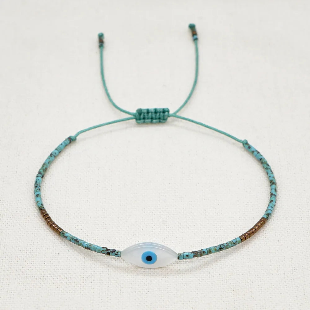 Handmade Bohemian Miyuki Rusty Turquoise Seed Bead Evil Eye Bracelet Trendy Custom Adjustable Shell Bracelet for Wedding Gift