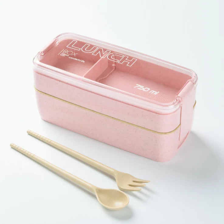 Reusable Custom Logo Portable 2 Layer Rectangle Food Container Wheat Straw Lunch Box Kids Tiffin Bento Lunch Box