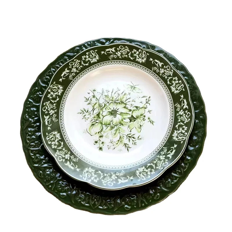 European Style Luxury Porcelain Serving Plates Set Green Ceramic Soup Plate for Restaurants Dinnerware Sets