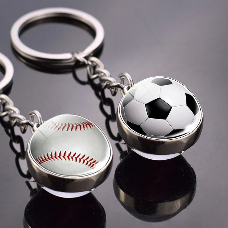 Fashion Glass Ball Keychain Football Basketball Baseball Volleyball Golf Tennis Rugby Softball Pendant Keyring Metal Key Chain