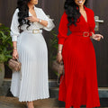 Women's Elegant Plus Size Dress for Spring & Fall Casual Office Lady Fashion with Lace Decoration and Diamond Belt Solid Color
