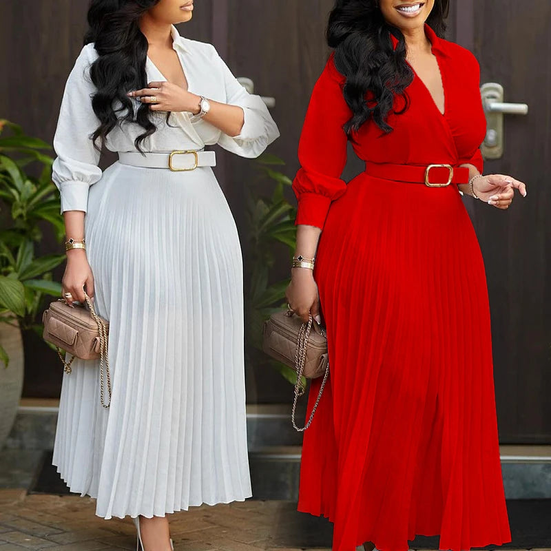 Women's Elegant Plus Size Dress for Spring & Fall Casual Office Lady Fashion with Lace Decoration and Diamond Belt Solid Color