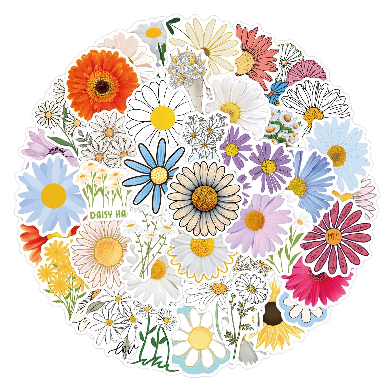 55pcs Daisy Flower PVC Waterproof Graffiti Sticker Packs for Laptop Notebook Bottle Helmet Skateboard Luggage Decoration
