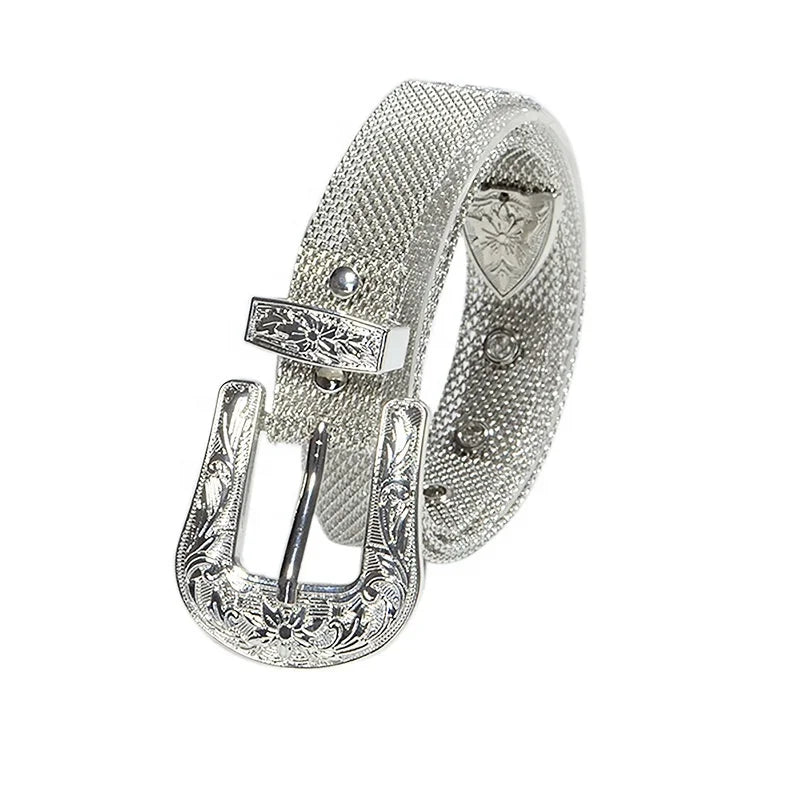 Factory Custom Western Buckle Fashion Retro Waist Chain Dress Grid Metal Belts for Women