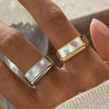 Trendy Stainless Steel Natural Shell Rectangle Open Ring for Women Personalized Gold Plated Finger Jewelry