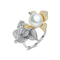 CZCITY Factory Wholesale Flower Open Ring S925 Sterling Silver Freshwater Pearl Fine Ring Double Gold Plated Jewelry for Women