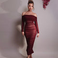 New Mesh One Shoulder Dresses Solid Color Pleated Dresses Slim Long Sleeve Wrap Hip Dresses for Women