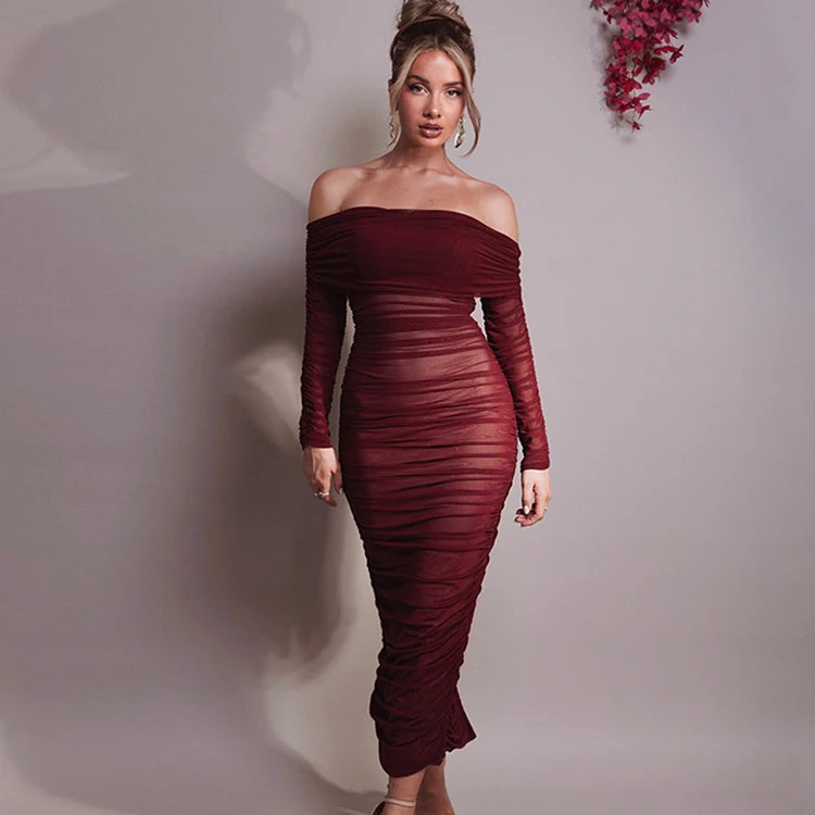 New Mesh One Shoulder Dresses Solid Color Pleated Dresses Slim Long Sleeve Wrap Hip Dresses for Women